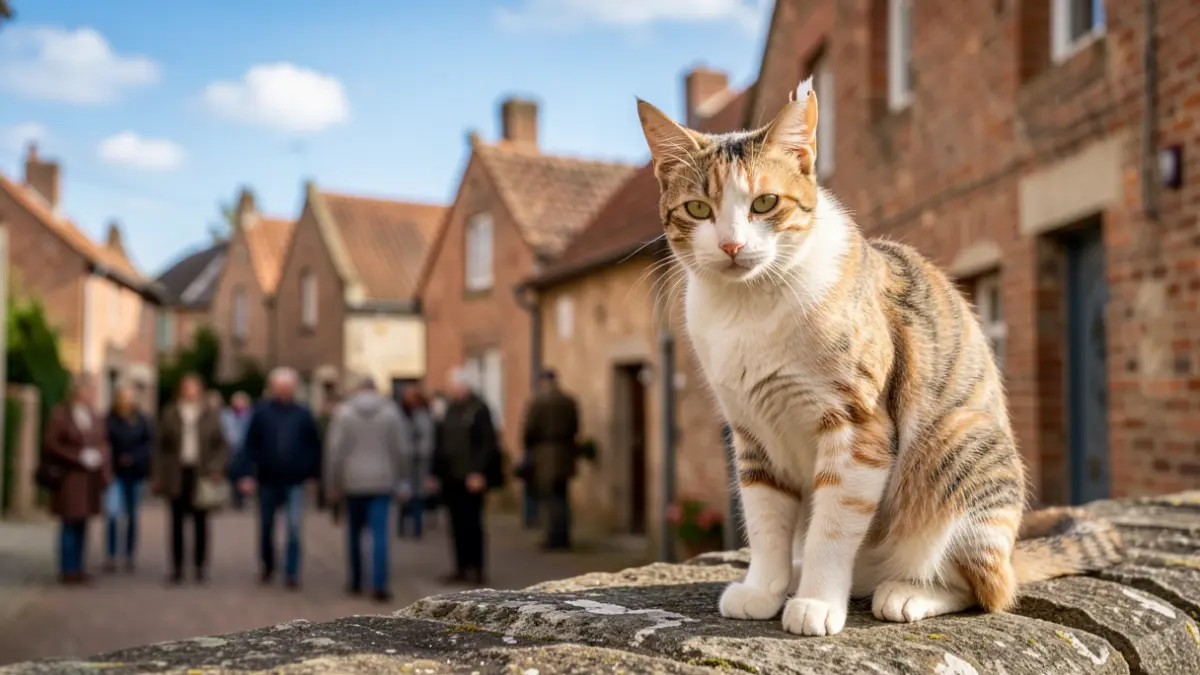 Een zwerfkat met een inkeping in het oor zit op een stenen muur in een Vlaamse gemeente, met traditionele bakstenen huizen op de achtergrond.