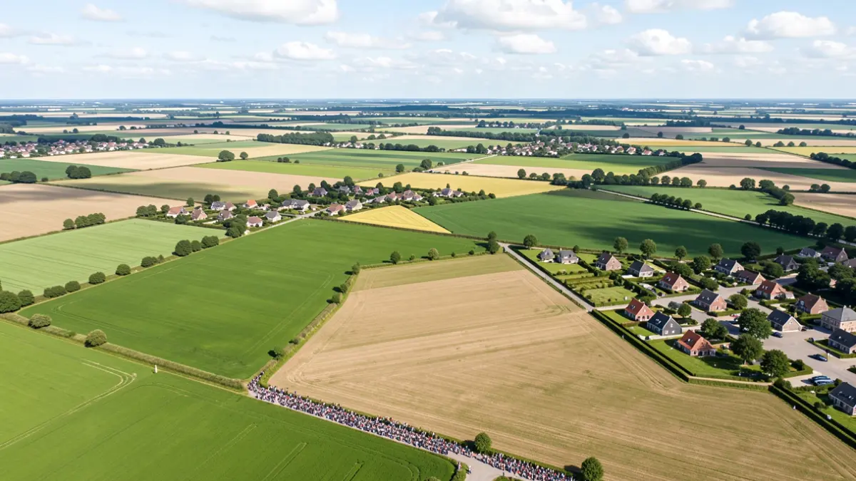 Aerial view of agricultural land and buildings in Flanders, showing distinct development zones.