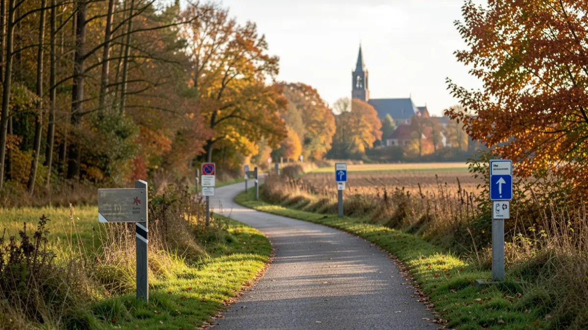 Een wandelpad in het Merodegebied met bewegwijzering, omgeven door bossen en velden.