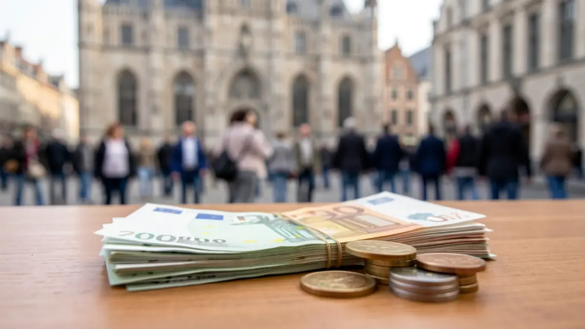 Generieke afbeelding van een stapel eurobankbiljetten en munten op een houten bureau, met op de achtergrond vervaagde architecturale elementen van een Vlaams stadhuis, zacht daglicht, geringe scherptediepte.