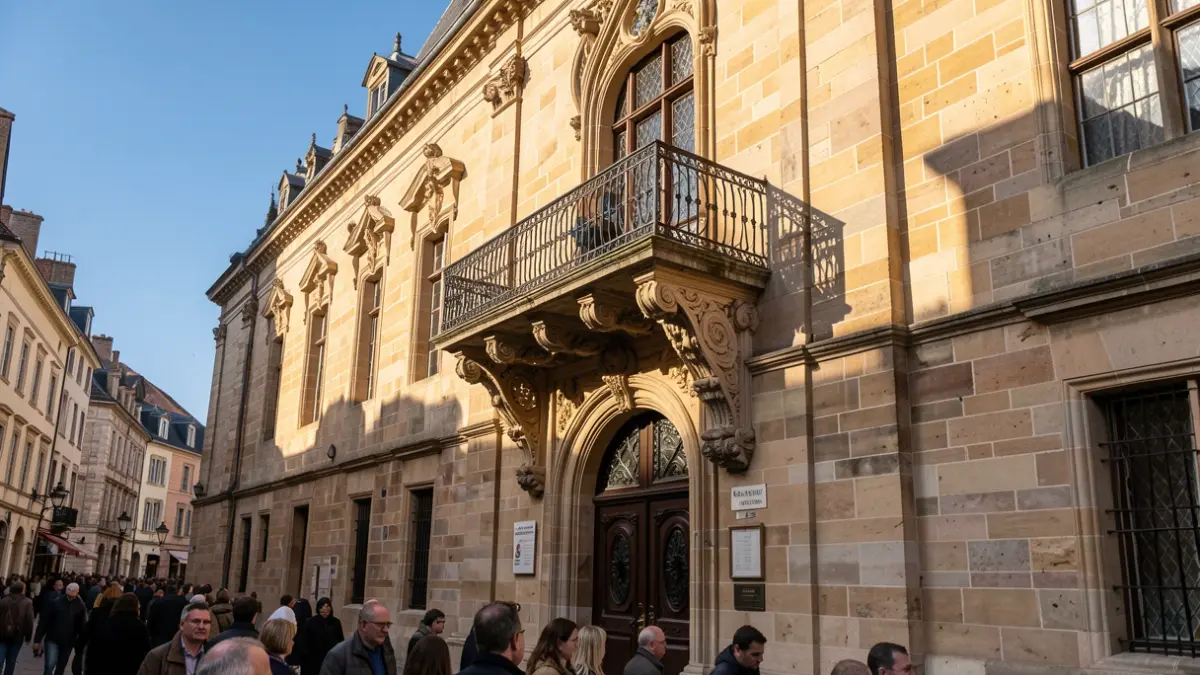 Generieke afbeelding van de gevel van een Vlaams stadhuis met een sierlijk balkon en ijzeren balustrade, warm zonlicht in de namiddag dat schaduwen werpt op de zandstenen muren, blauwe lucht, in documentaire stijl.