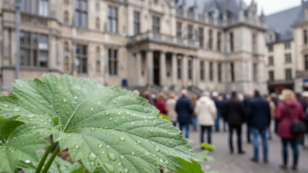 Generic image of a green leaf with dew drops, symbolizing nature and environment, against a blurred background of a Flemish town hall facade.