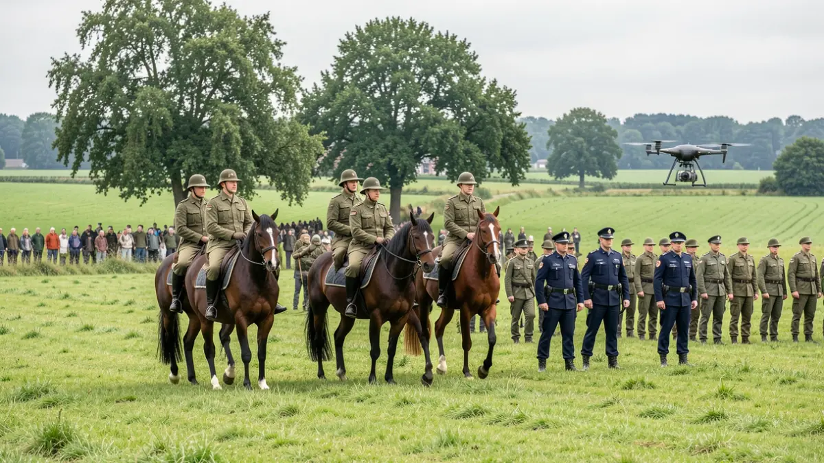 Military and police teams with horses and a drone during a planned exercise in a rural Flemish area.
