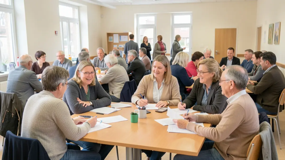 Generieke afbeelding van een groep diverse mensen die samenkomen in een gemeenschapscentrum voor een bijeenkomst.