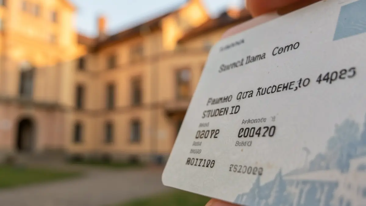 Generic image of a student ID card with a blurred background of a university building. No text or identifiable details.