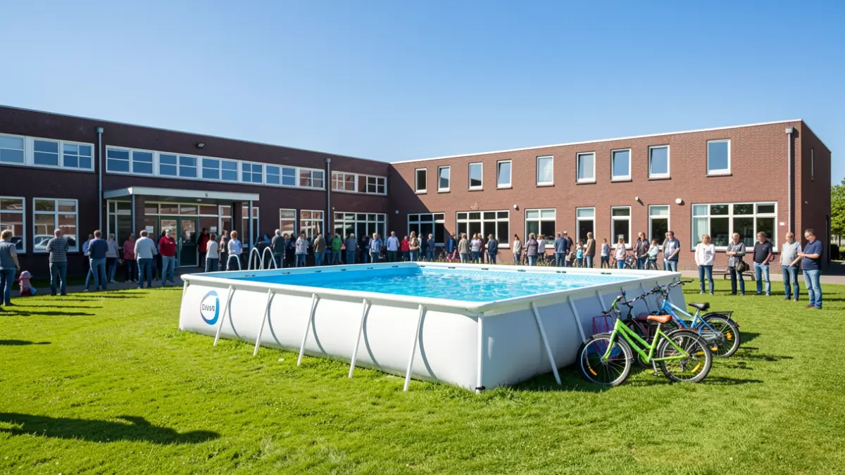 Generic image of a mobile swimming pool, a SwimCube, set up near a school in Flanders.