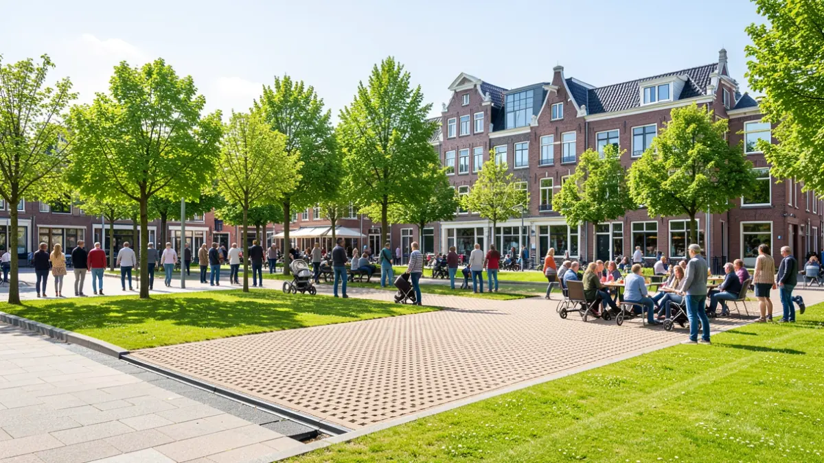 A vibrant town square in Flanders, featuring ample green spaces, trees, and permeable paving, with a building combining traditional and modern Flemish architecture in the background.