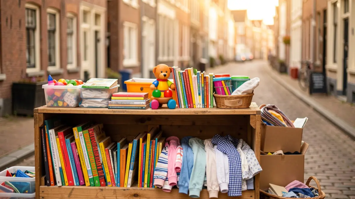 Generic image of a collection point for reusable items, featuring books, toys, and clothing.
