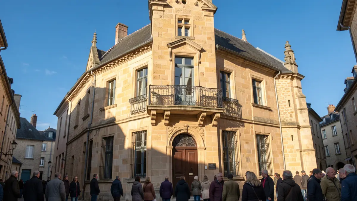 Generieke afbeelding van een traditionele stenen stadhuisgevel met een sierlijke balkon en ijzeren balustrades, warm middaglicht dat schaduwen werpt op de zandstenen muren, blauwe lucht, in de stijl van Vlaamse architectuur.