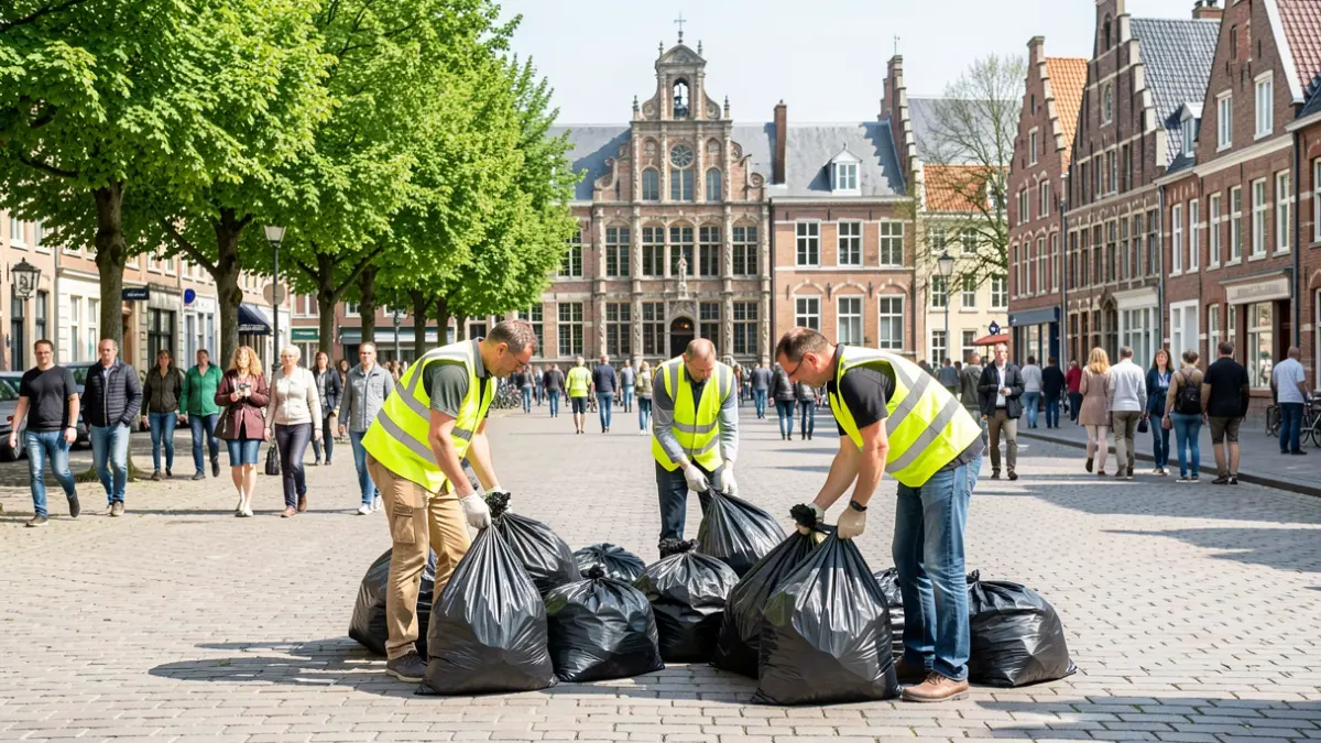 Vrijwilligers verzamelen afvalzakken in een propere gemeente.