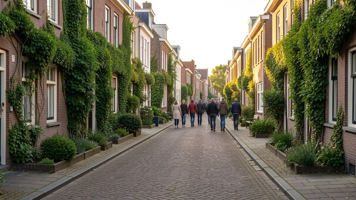 Green facades and homes in a Flemish neighborhood.