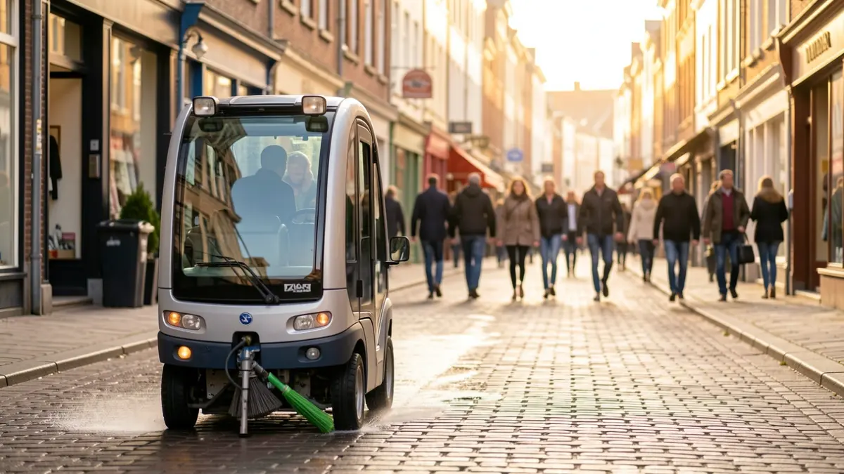 A modern street cleaning machine cleans a shopping street in Mortsel in sunny weather.