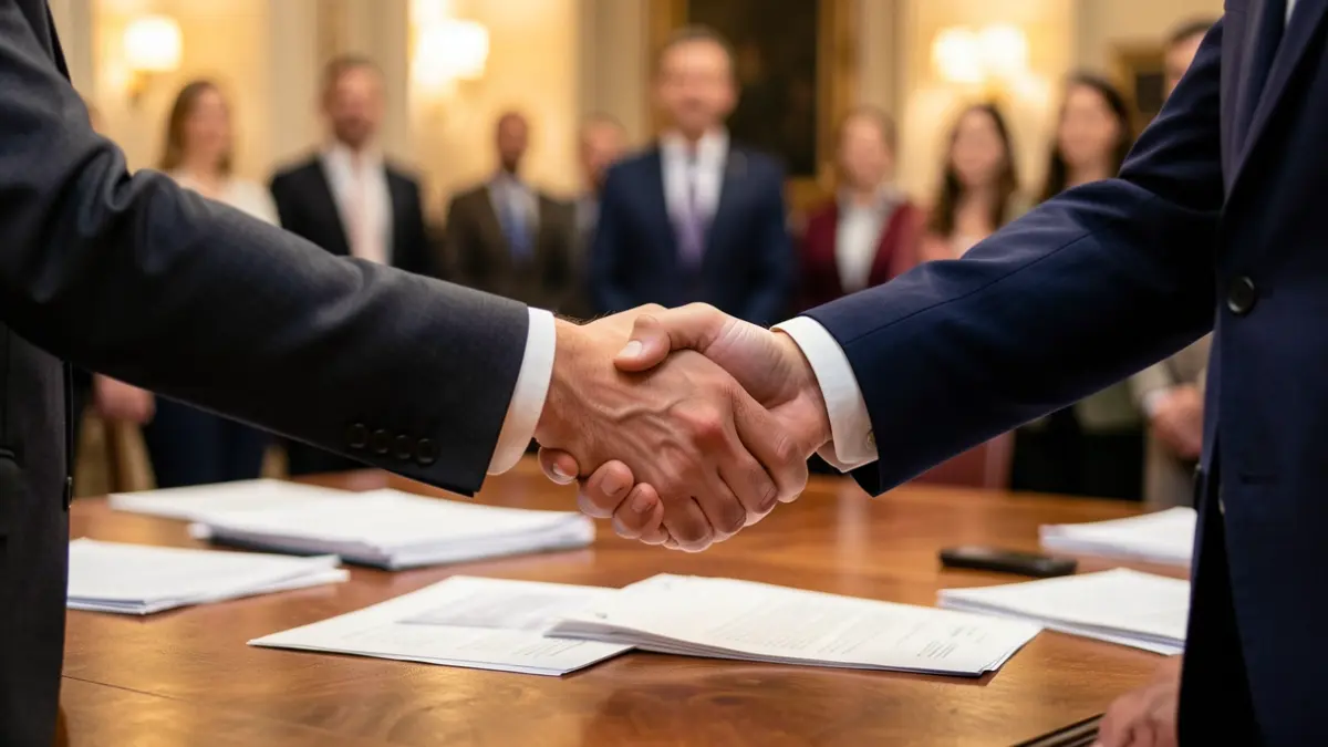 Generic image of hands shaking over a desk with documents, warm office lighting.