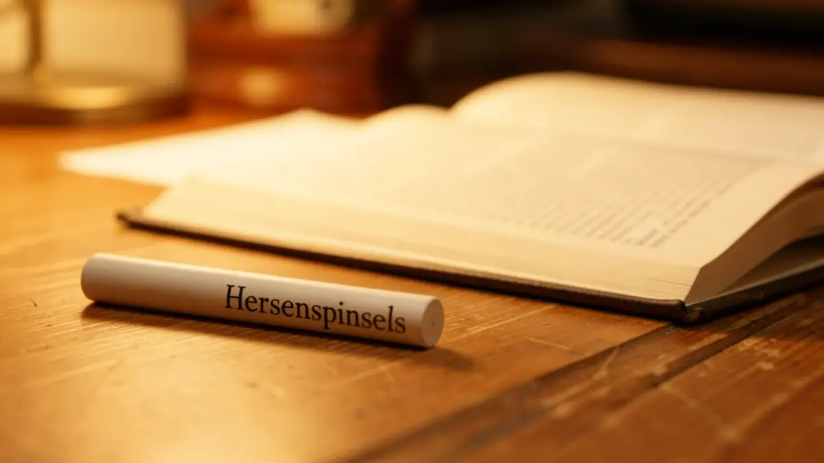 Close-up van een krijtstift naast een open boek met de titel 'Hersenspinsels' op een bureau.