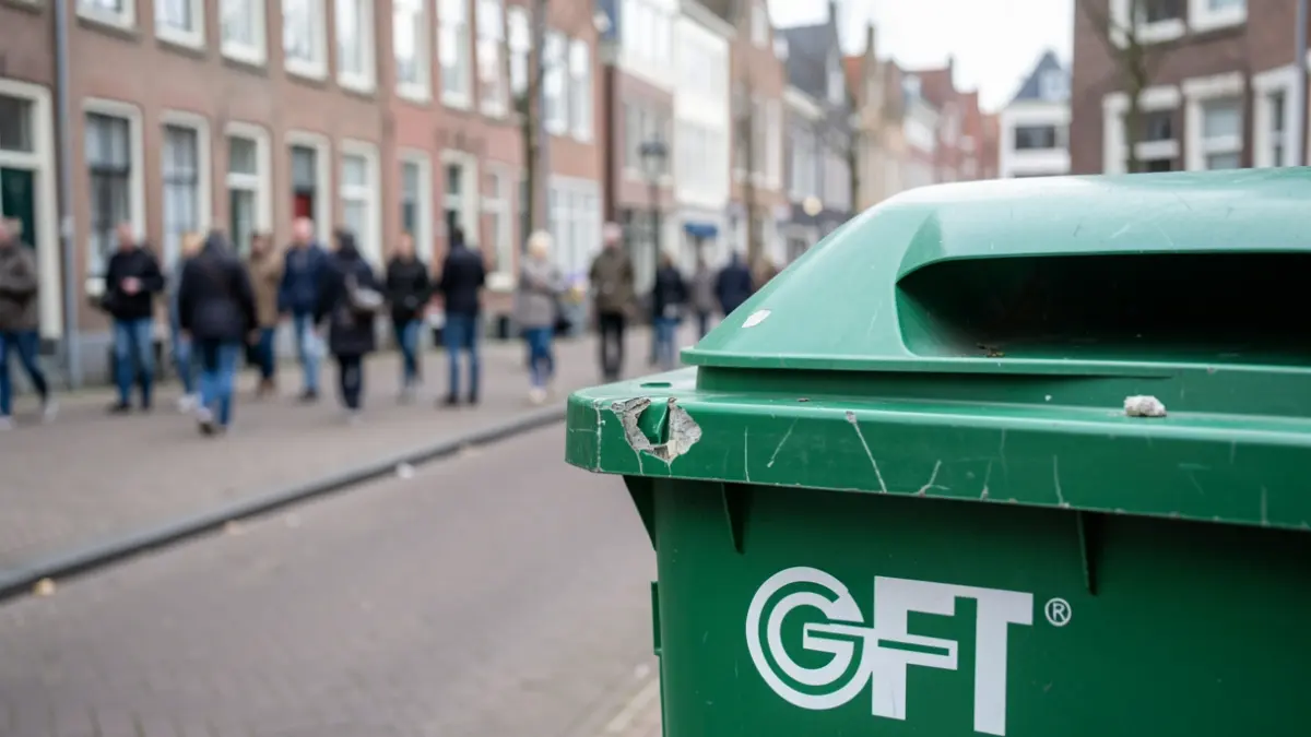Close-up of a green organic waste container with a chip on the rim, on a street in Flanders.