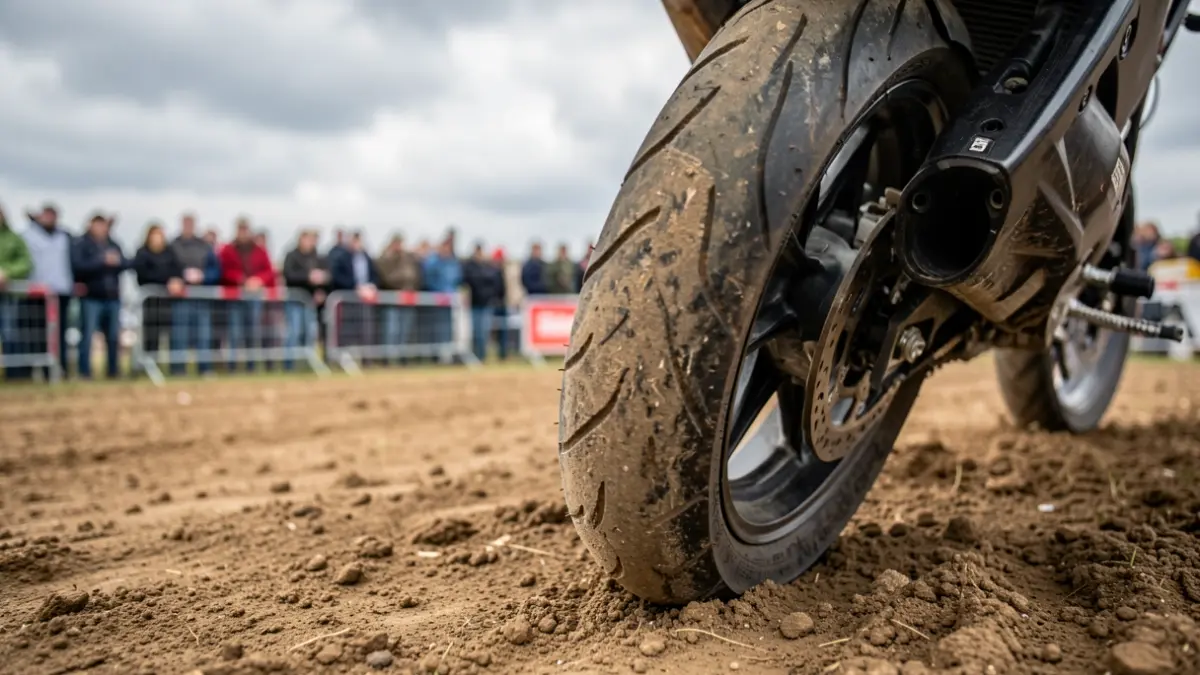 Een close-up van een motorband op een onverharde baan, met vervaagde hekken en een hint van een menigte op de achtergrond onder een bewolkte hemel. De scène roept een gevoel van anticipatie en een geannuleerd evenement op.