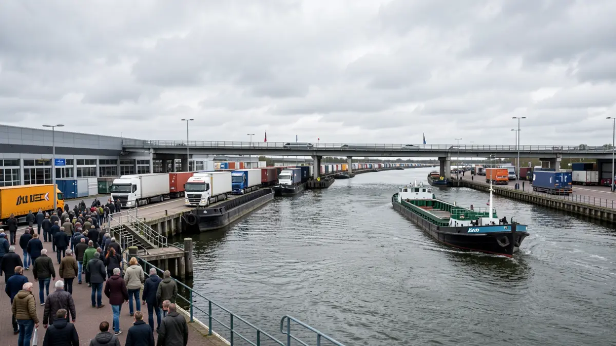 Generic image of a multimodal logistics hub in Flanders with trucks, trains, and barges.