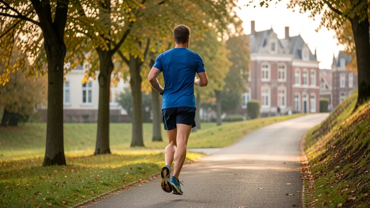 Generieke afbeelding van een mannelijke loper die een pad volgt in een parkachtige omgeving in Vlaanderen.