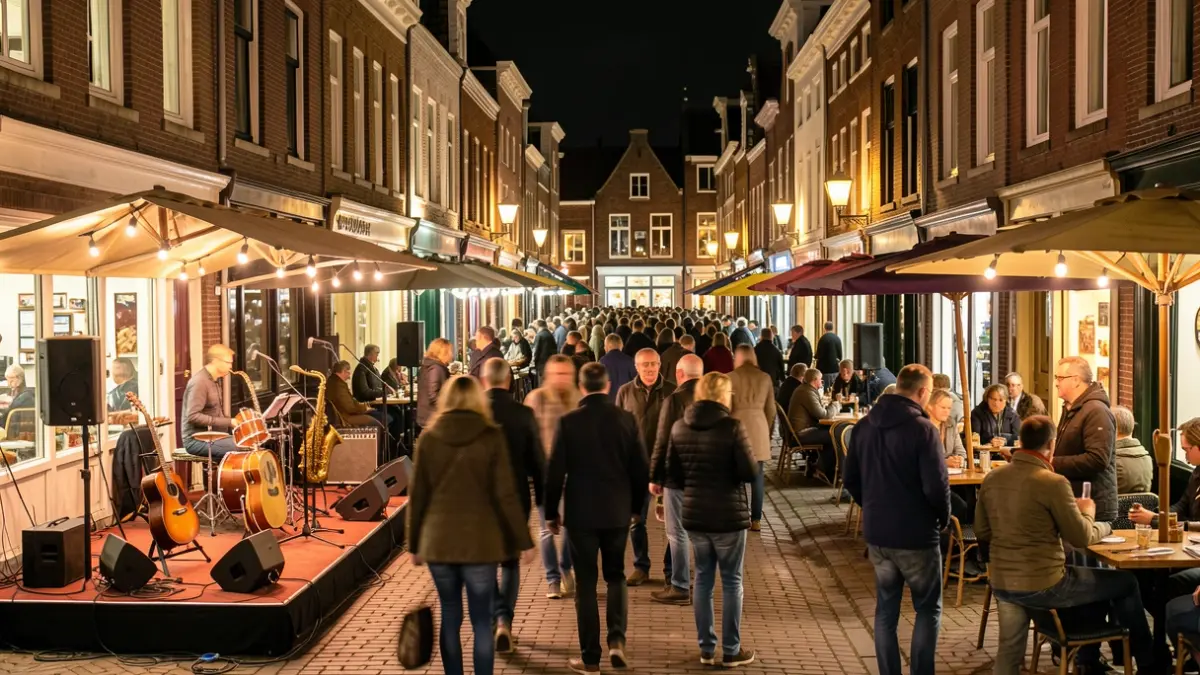 Levendige straatscène 's nachts in Sint-Niklaas met meerdere kleine podia buiten cafés, diverse muziekinstrumenten en genietende mensen.