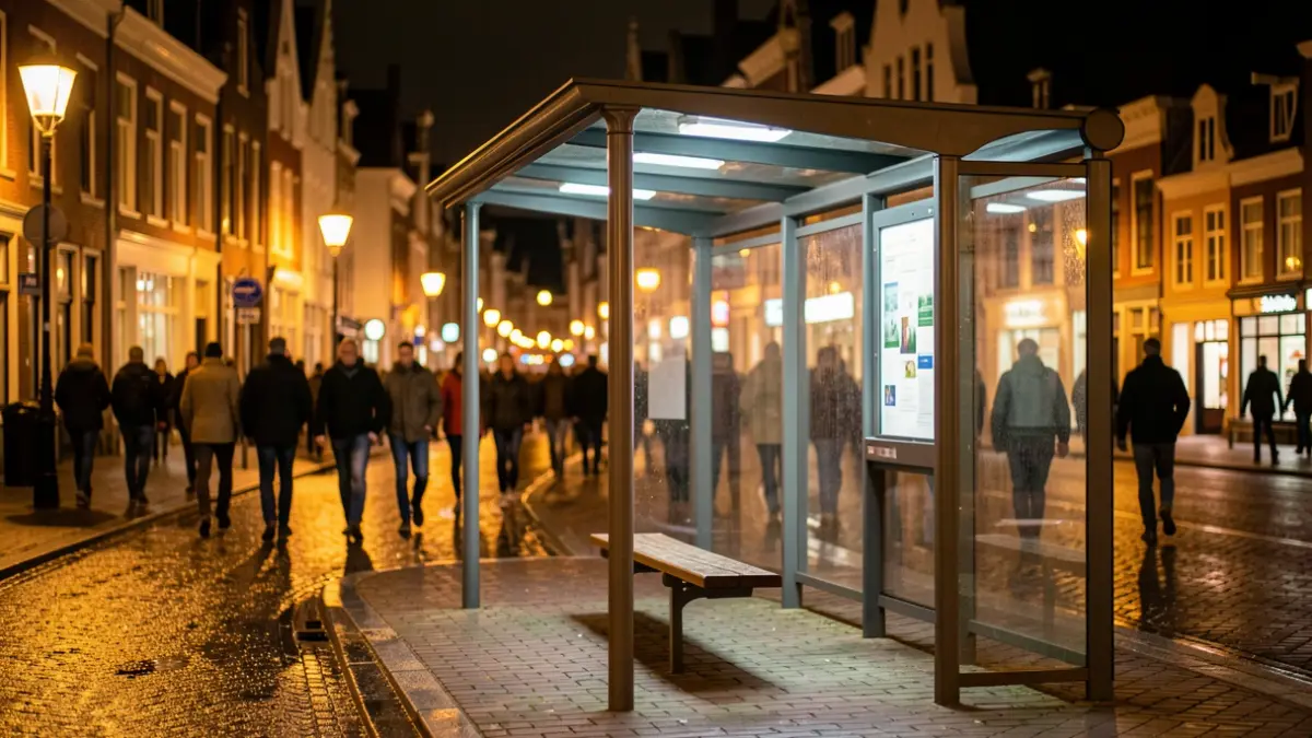 Een lege bushalte in de nacht in een Vlaamse gemeente, met natte bestrating en warme straatverlichting.