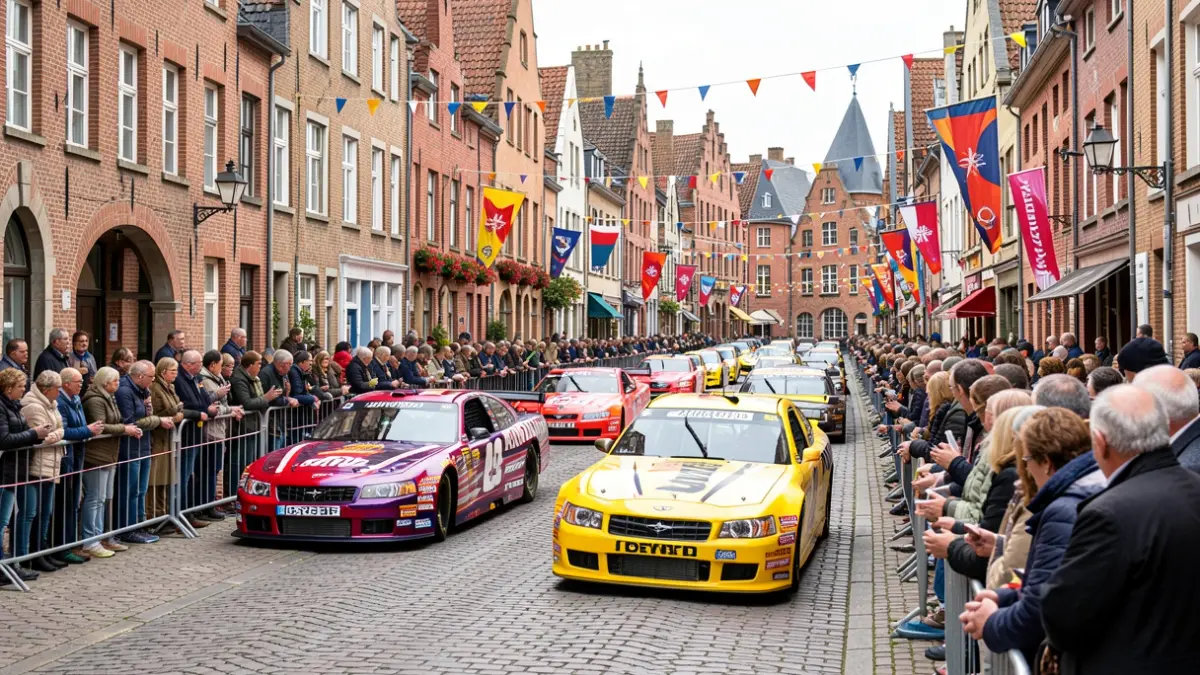 American NASCAR race cars during a parade through the streets of Heusden-Zolder, with spectators and local architecture.