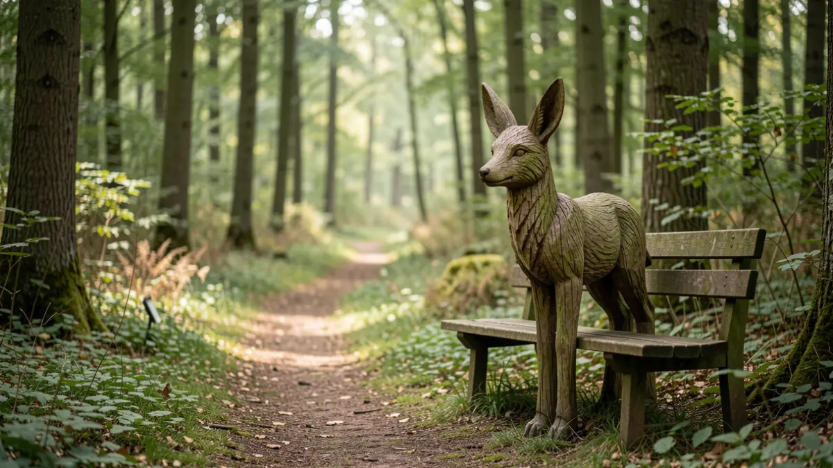 Generieke afbeelding van een natuurbegraafplaats in Vlaanderen met een houten dierenbeeld en een rustbankje in een bosrijke omgeving.