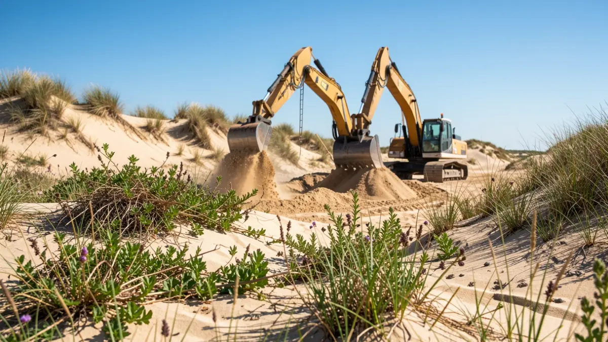 Generieke afbeelding van een duinlandschap waar woekerplanten worden verwijderd met behulp van een kraan en zeefapparatuur, met herstellende inheemse vegetatie onder een heldere hemel.