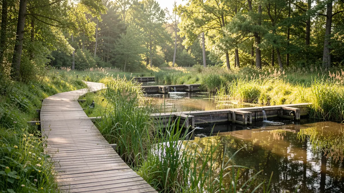 A serene natural landscape in Flanders with wooden boardwalks through wet greenery and small dams in the water, illuminated by sunlight.
