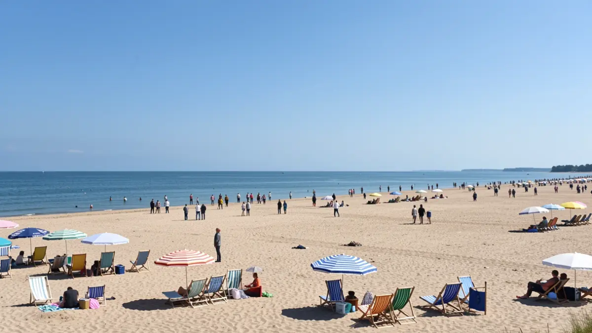Generic image of a Flemish beach with beach chairs and umbrellas, ready for visitors.