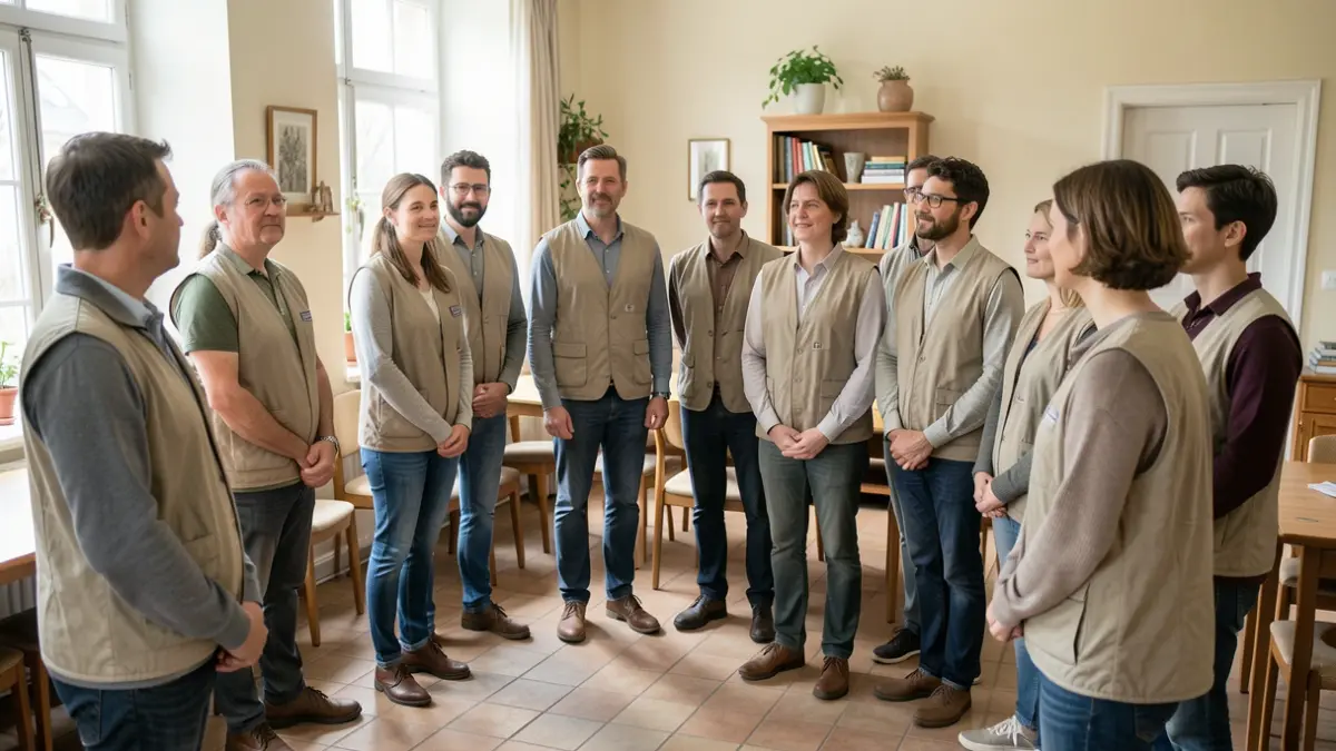 Generieke afbeelding van een groep diverse vrijwilligers in neutrale hesjes die aandachtig luisteren in een gemeenschapscentrum.