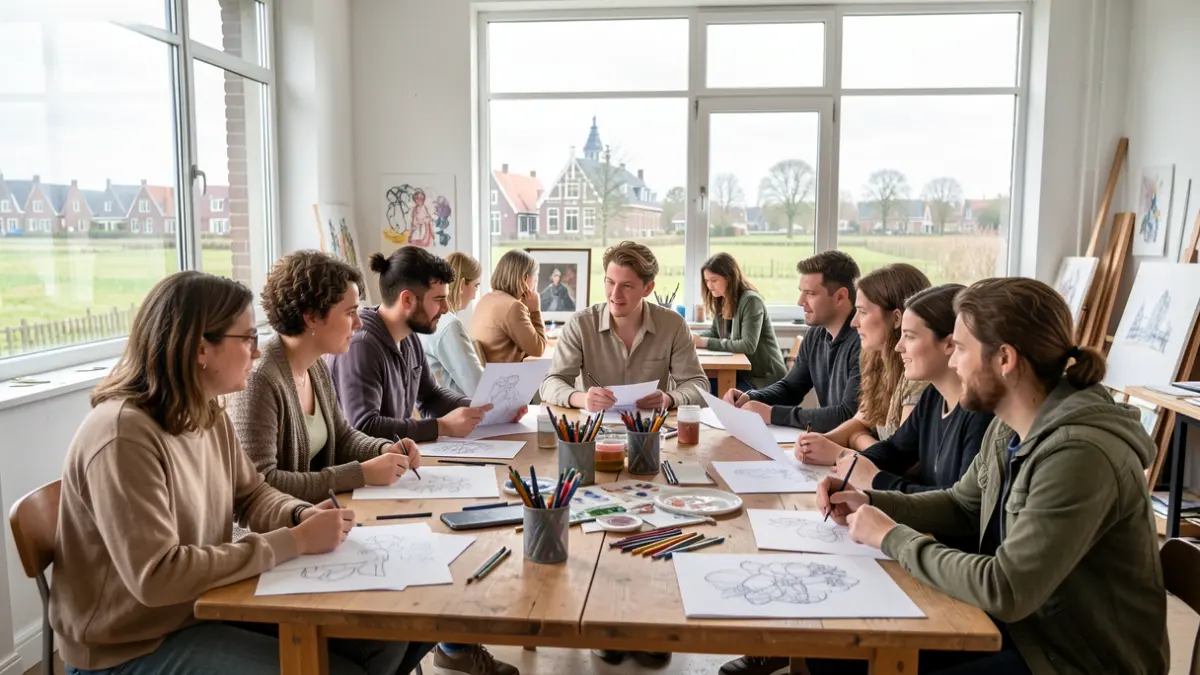 Groep jonge beeldende kunstenaars die samenwerken en ideeën uitwisselen in een atelier met zicht op het Vlaamse landschap.