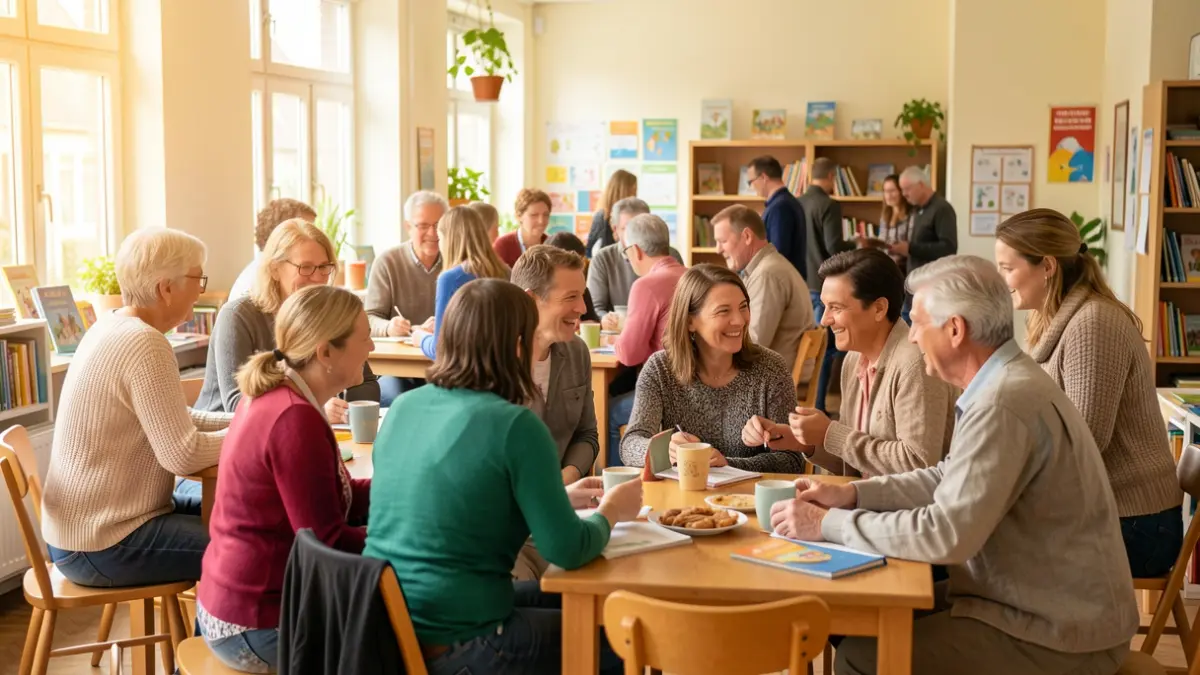 Generic image of a diverse group of people interacting positively in a community space in Flanders, with subtle hints of language learning materials.