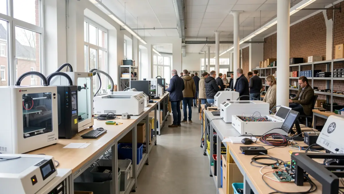 Interieur van een moderne maakplaats met 3D-printers en laser snijders in Vlaanderen.