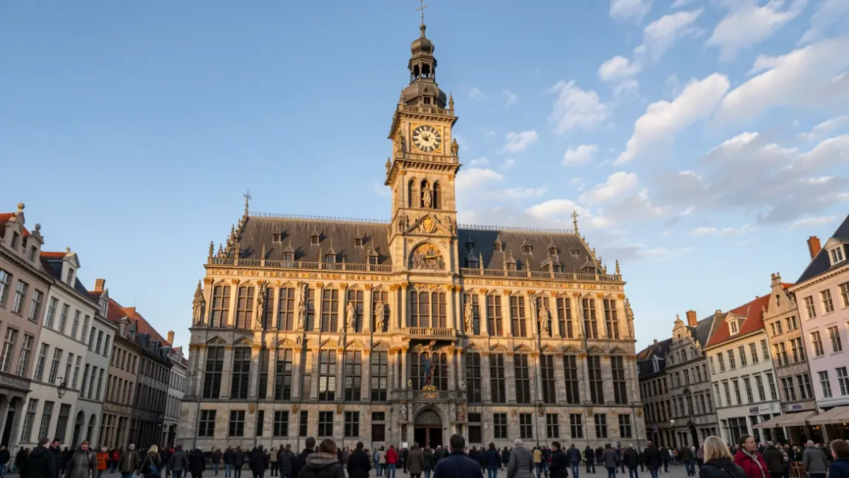 Gevel van een historisch Vlaams gemeentehuis met een opvallende klokkentoren en sierlijke architecturale details, in het warme licht van de late namiddag, met enkele verspreide wolken aan de blauwe hemel.