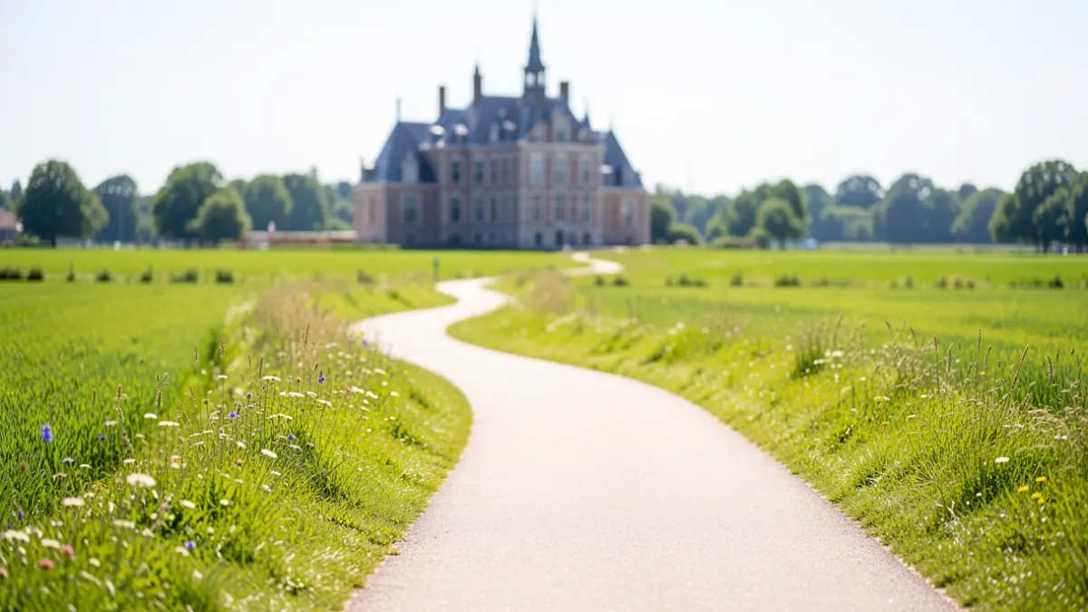 Generic image of a new, illuminated bicycle path in a green environment with a town hall in the background.