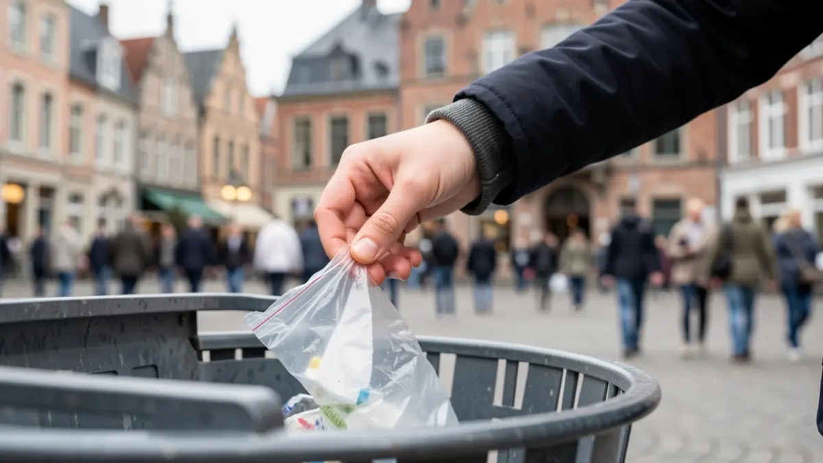 Generieke afbeelding van een hand die zwerfvuil deponeert in een vuilnisbak in een Vlaamse stad, met vage historische gebouwen op de achtergrond.