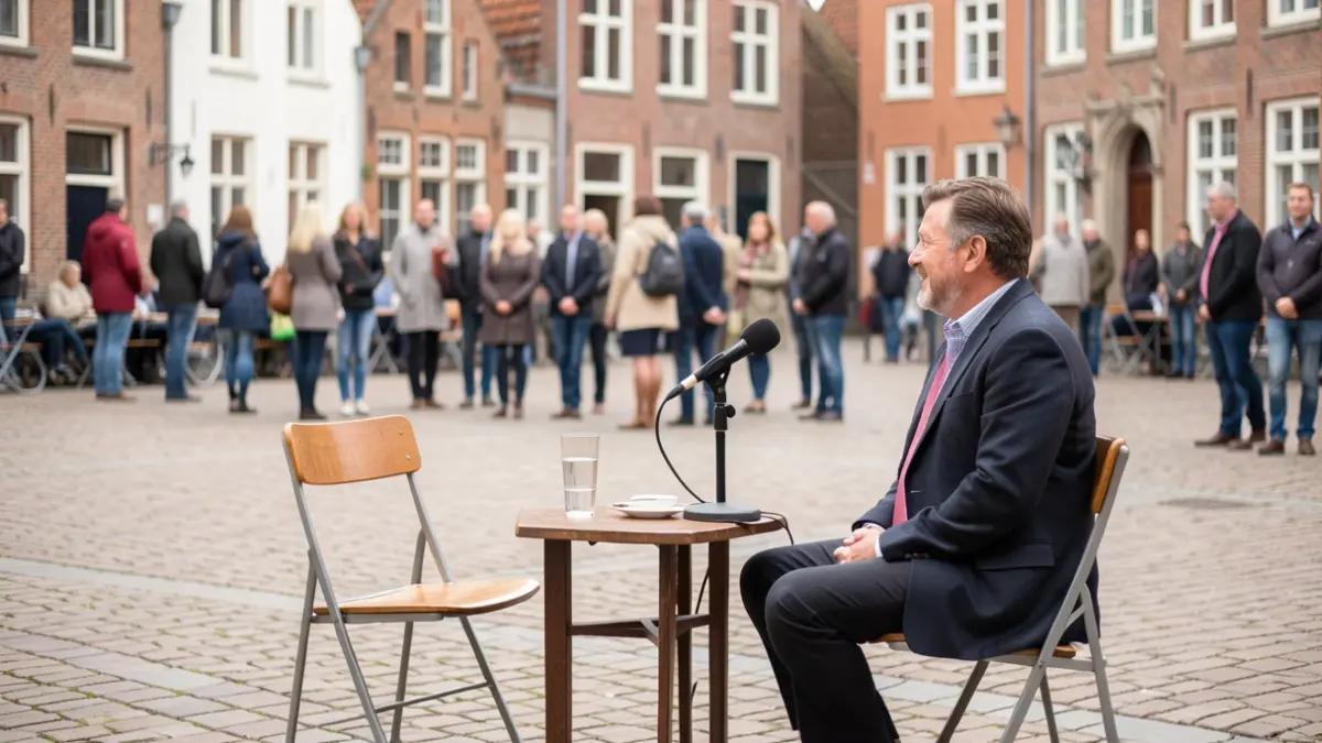Generic image of an informal conversation setup in a Flemish town square, with a chair and microphone, in soft daylight.