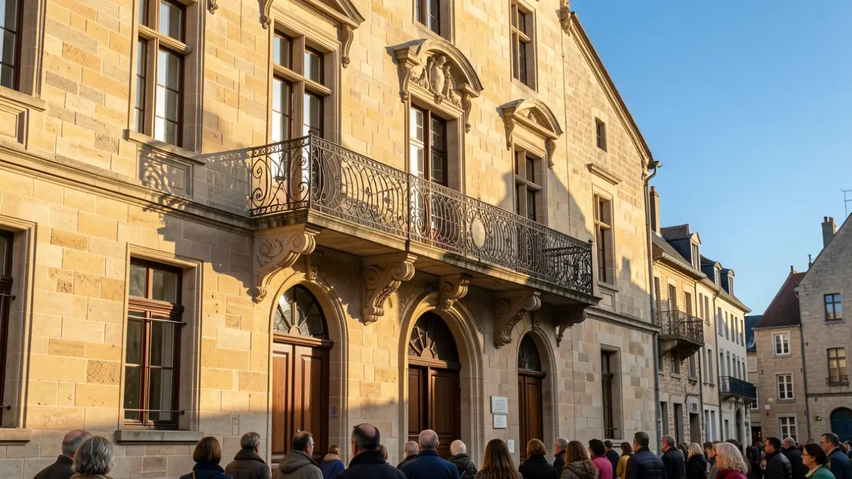 The town hall of De Pinte with a balcony and sandstone walls in the afternoon sun.