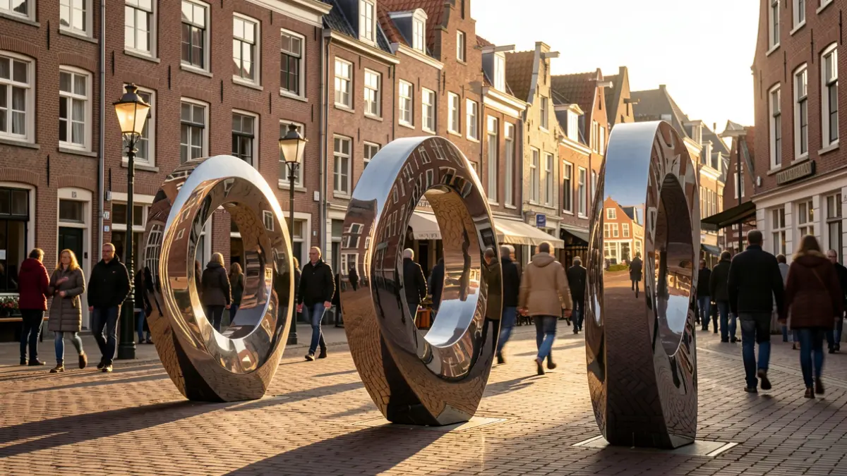 Three abstract, reflective sculptures in a Roeselare square, reflecting the surroundings and passers-by at sunset.