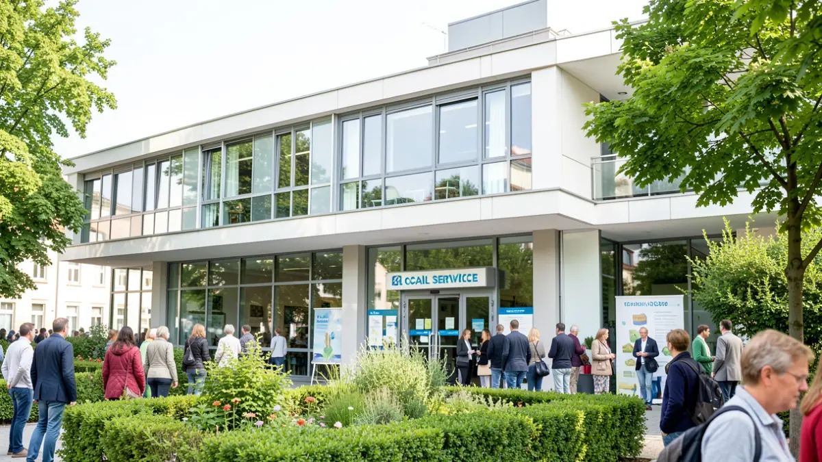 Moderne gevel van een lokaal dienstencentrum met grote ramen en groen, symbool voor gemeenschap en zorg.