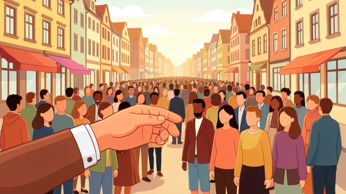 Generic image of a helping hand reaching out to a group of diverse people in a city setting, symbolizing support and community initiatives.