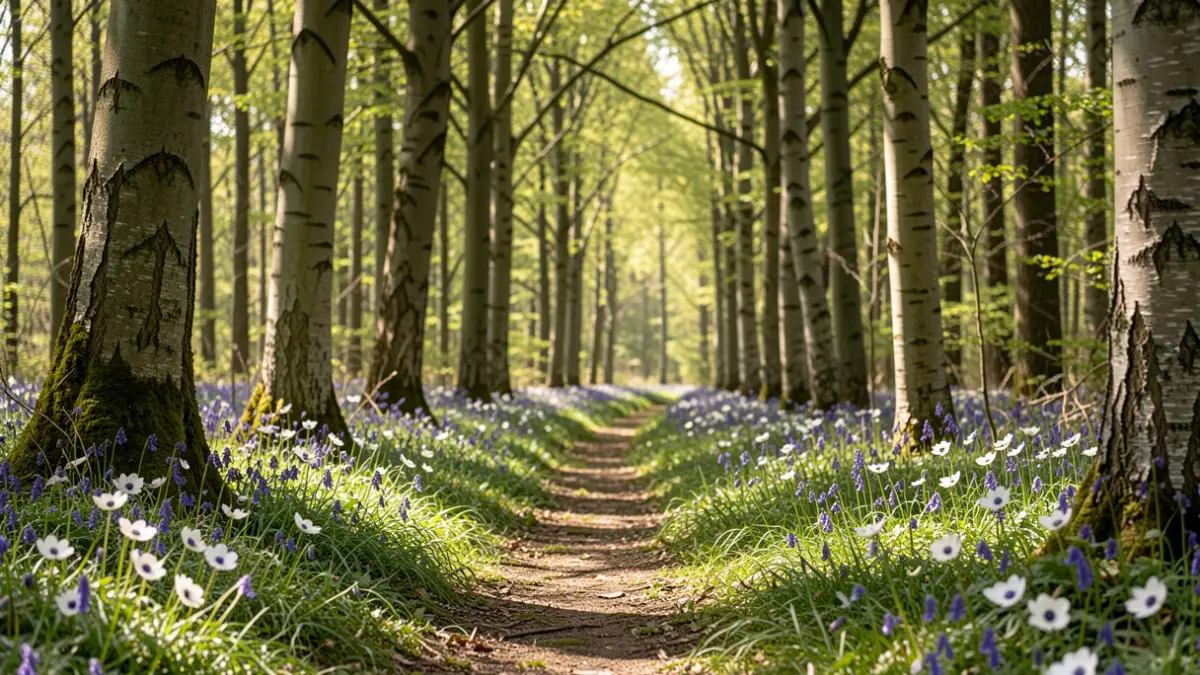 Generieke afbeelding van een bosrijk gebied in Vlaanderen met bomen en bosbloemen.