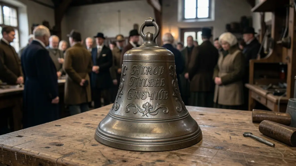 Generic image of an old bronze bell with decorative lettering, resting on a workbench in a workshop.