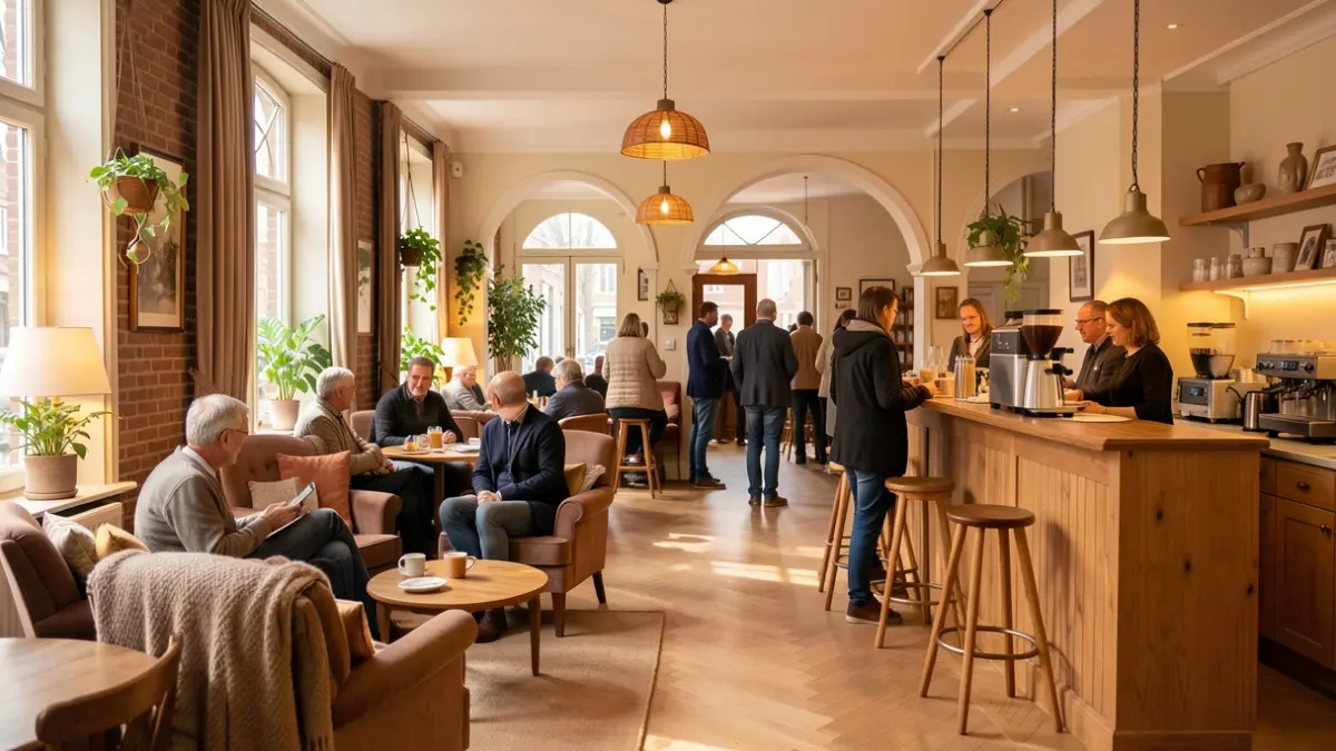 A warm and inviting community space in Flanders, with comfortable seating and a coffee corner. Soft, natural light.