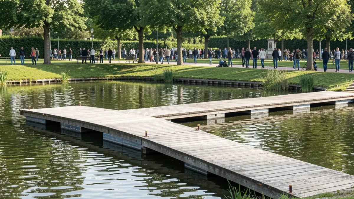 A new wooden pontoon at a city park pond in Antwerp, with green parkland in the background.