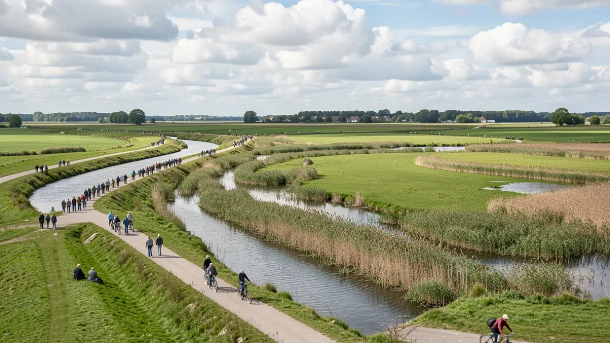 Generic image of a green polder landscape in Flanders with a dike and a flood zone.