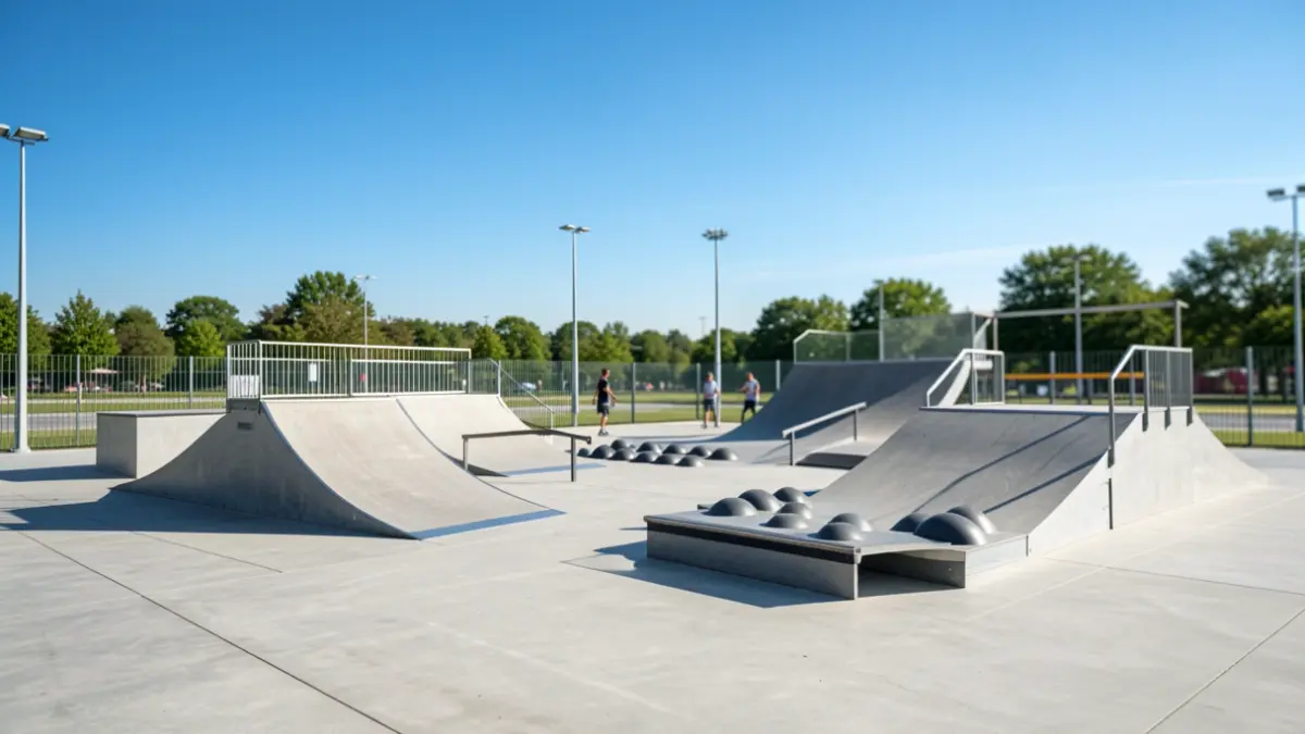Een modern skatepark met diverse hellingen en obstakels, waaronder een quarter pipe, piramide en speedbumps, onder een heldere blauwe hemel. De scène is levendig en suggereert activiteit, met de focus op het ontwerp van het skatepark.