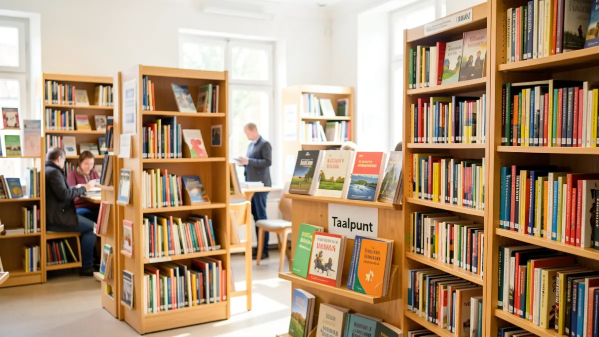 Een lichte, uitnodigende bibliotheekinterieur in Vlaanderen met boekenplanken en een speciale hoek voor taalleermateriaal. Zacht daglicht valt binnen en benadrukt een bord met 'Taalpunt'. De sfeer is inclusief en toegankelijk.