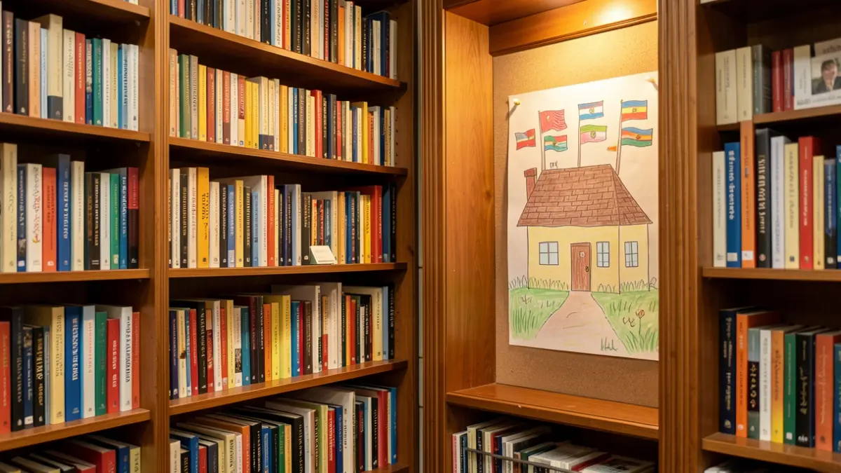 Generic image of a cozy library corner with books in various languages and a child's drawing.