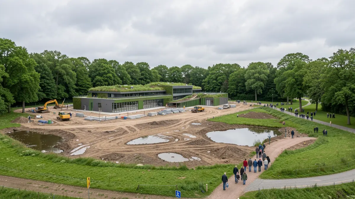Generieke afbeelding van een bouwterrein voor een nieuw technisch centrum aan de rand van een groen park in Vlaanderen, met duurzame bouwelementen en een bewolkte hemel.